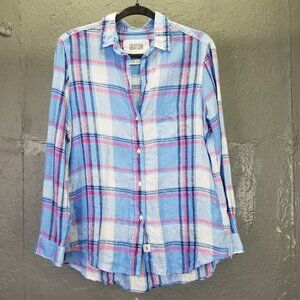 Grayson Button Up Shirt Women's M The Hero Plaid Top Long Sleeve 100% Linen Blue